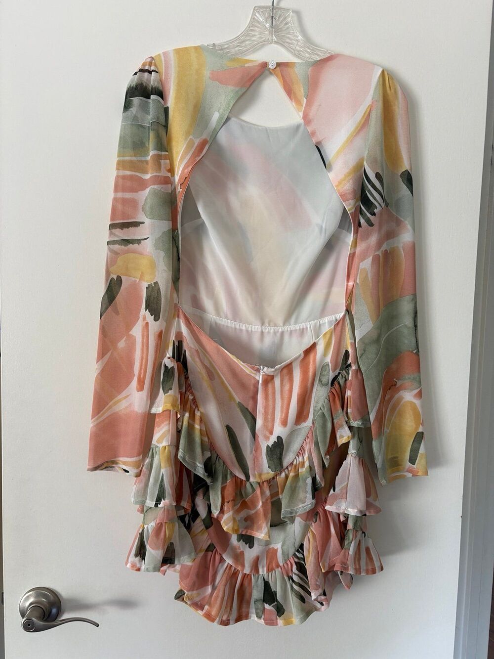 Abstract Pastel Chiffon Mini Dress XS Open Back Ruffle Tier Picasso Art Cocktail - Picture 3 of 10